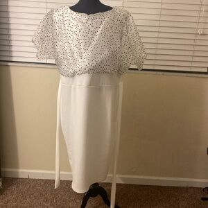 White dress with white mesh black poka dots covering